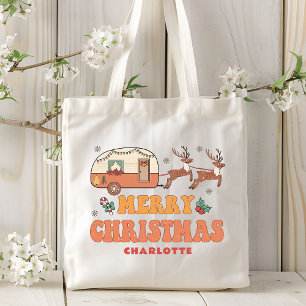 Camping Merry Christmas Reindeer Personalised Name Tote Bag