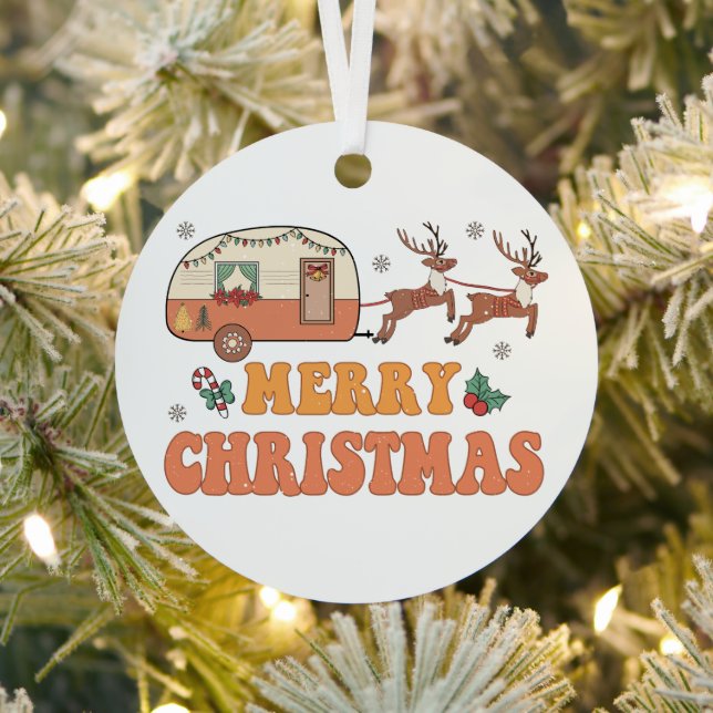 Camping Merry Christmas Reindeer Typography Metal Tree Decoration (Insitu)