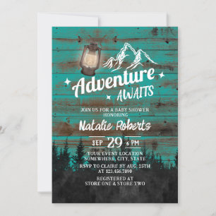 Camping Mountain Adventure Rustic Teal Baby Shower Invitation