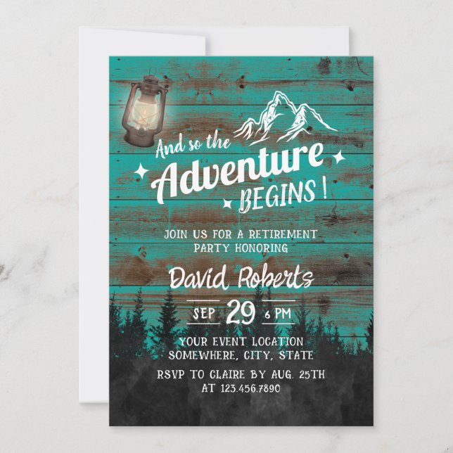 Camping Mountain Adventure Rustic Teal Retirement Invitation (Front)