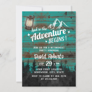 Camping Mountain Adventure Rustic Teal Retirement Invitation