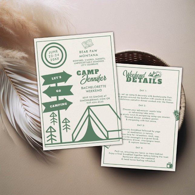 Camping Mountain Forest Bachelorette Weekend Trip Invitation (camping bachelorette weekend trip itinerary modern minimalist camp bride bridesmaids mountains)