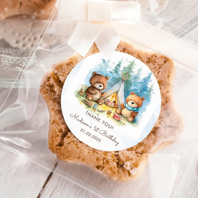 Camping Mountain Rustic Birthday Party  Classic Round Sticker (Creator Uploaded)