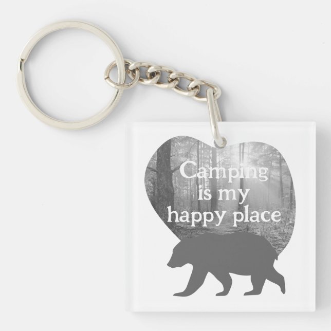 Camping my happy place black n white customisable  key ring (Front)