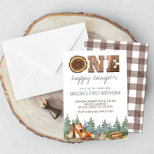 Camping One Happy Camper Boy's 1st Birthday Invitation