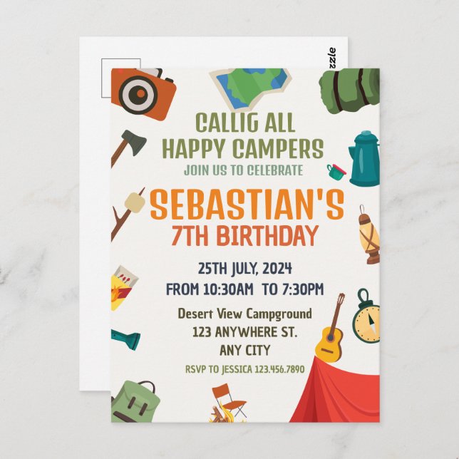 Camping Outdoor Adventure Boy Birthday Party Postcard (Front/Back)