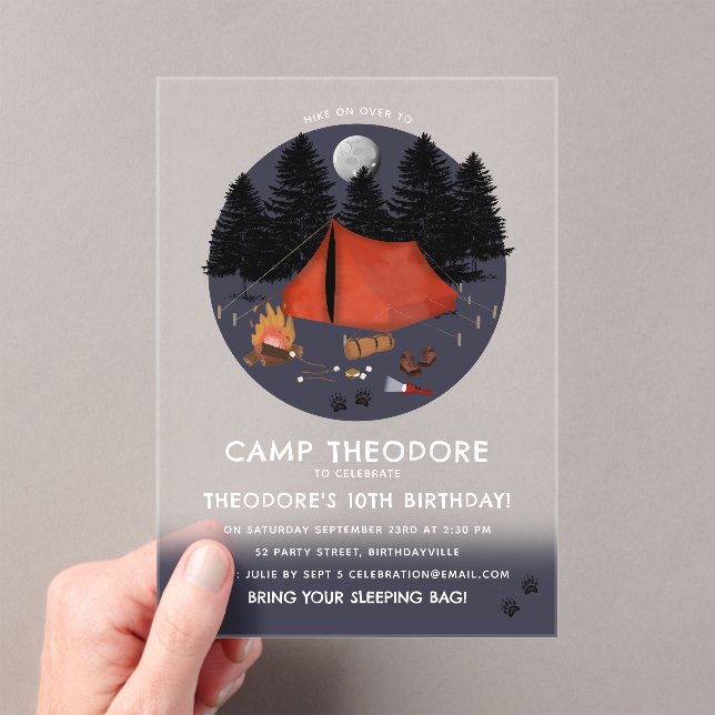 Camping Outdoor Adventure Campfire Birthday Party Acrylic Invitations (Insitu (Handheld))