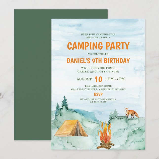 Camping Party Woodland Watercolor Tent Birthday Invitation (Front/Back)