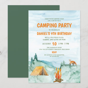 Camping Party Woodland Watercolor Tent Birthday Invitation