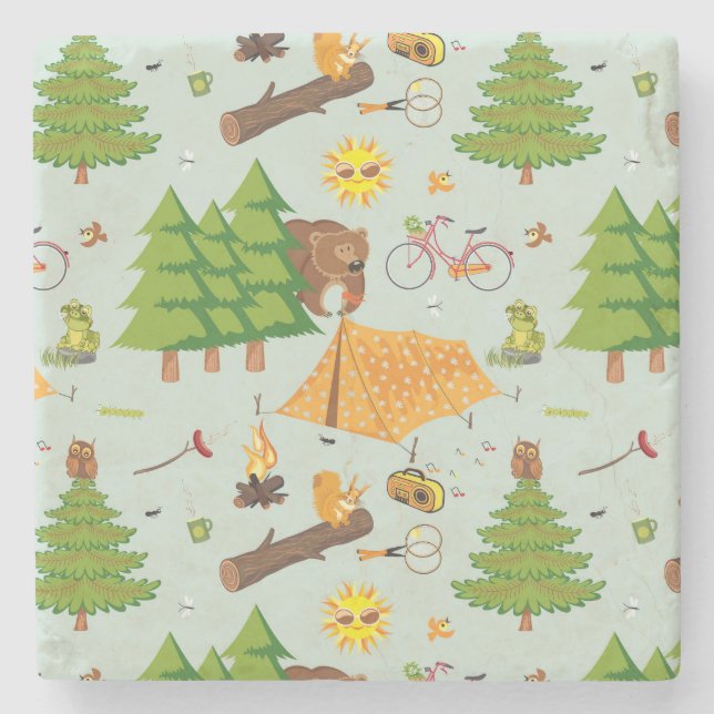 Camping Pattern Stone Coaster (Front)