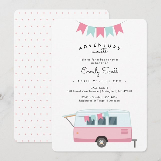 Camping Pink Adventure Awaits Baby Shower Invitation (Front/Back)