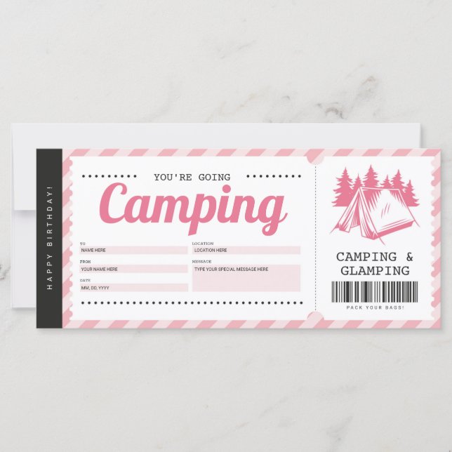Camping Pink Gift Voucher, Summer Camp Certificate (Front)
