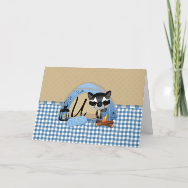 Camping Raccoons Letter U Note Card (Front)