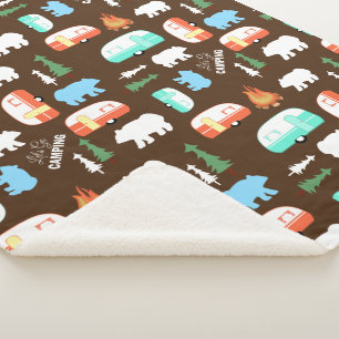 Camping Retro Camper Bear Fleece Sherpa - Brown Blanket