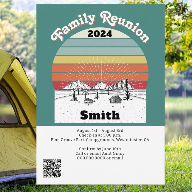 Camping Retro Sunset Monogram Family Reunion Invitation (Family Reunion Camping Trip)