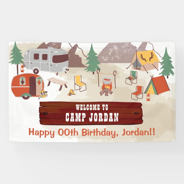 Camping Rustic Woodsy Campground Birthday Banner (Horizontal)