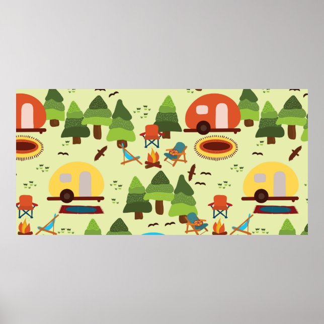 Camping scene - caravan, camping chairs, fire plac poster (Front)