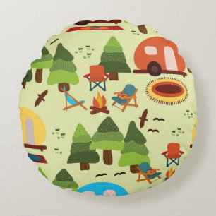 Camping scene - caravan, camping chairs, fire plac round cushion