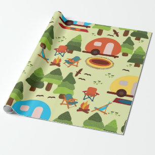 Camping scene - caravan, camping chairs, fire plac wrapping paper