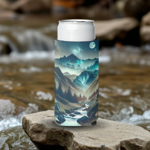 Camping Scene with Mountains and Tent  Seltzer Can Cooler