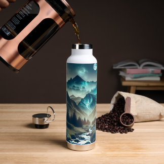 Camping Scene with Mountains and Tent  Water Bottle