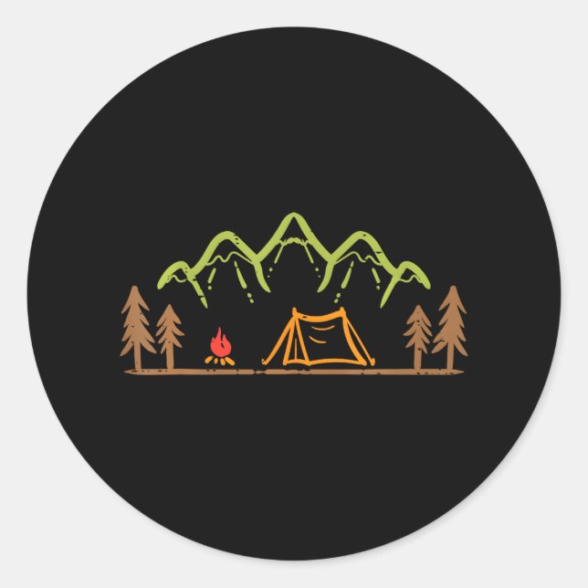 Camping Site Tent Trees Mountain Minimalistic Classic Round Sticker (Front)