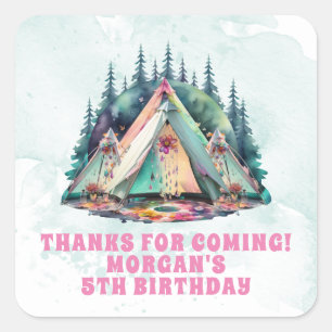 Camping Sleepover Birthday Party Favour Square Sticker