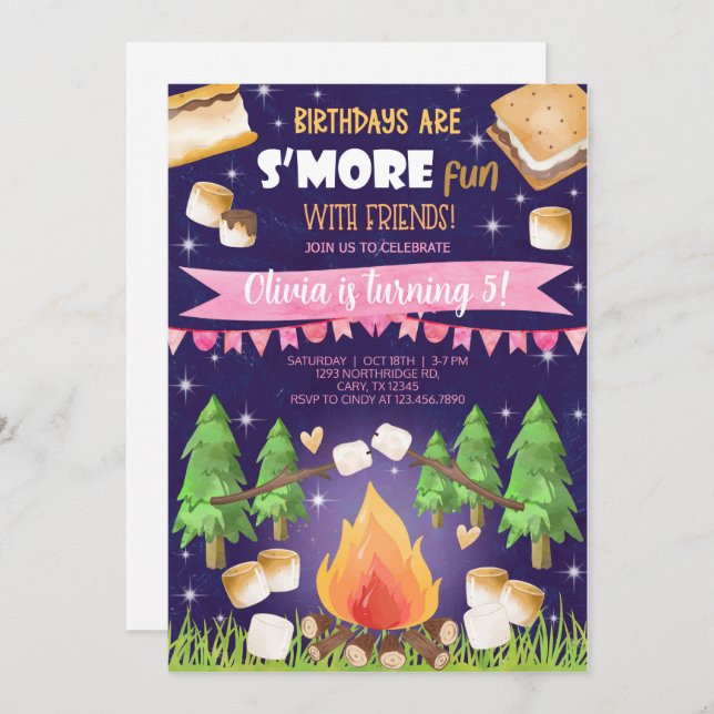 Camping smore fun girl birthday invite. invitation (Front/Back)