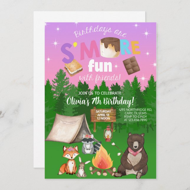 Camping smore fun girl birthday invite. invitation (Front/Back)