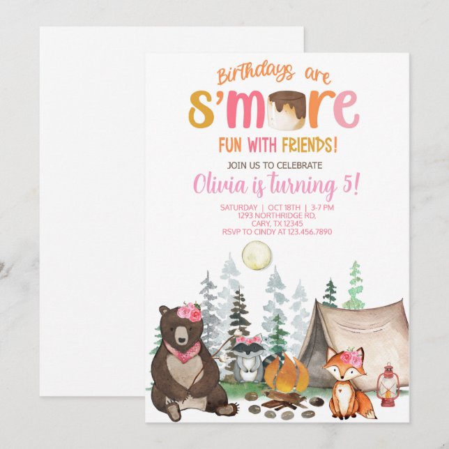 Camping smore fun girl birthday invite. invitation (Front/Back)