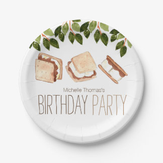 Camping smores birthday party paper plate. plate