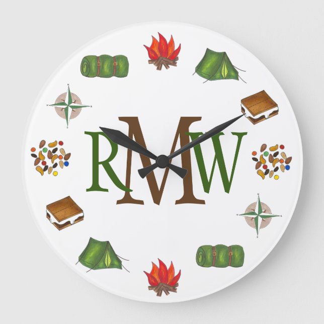 Camping S'mores Tent Fire Compass Monogram Large Clock (Front)