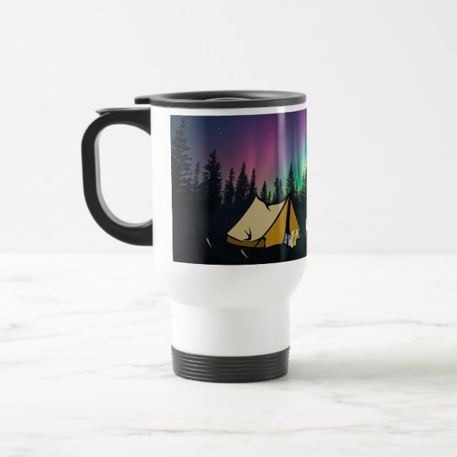 Camping - Snoozing Camper under Aurora Borealis Travel Mug (Left)