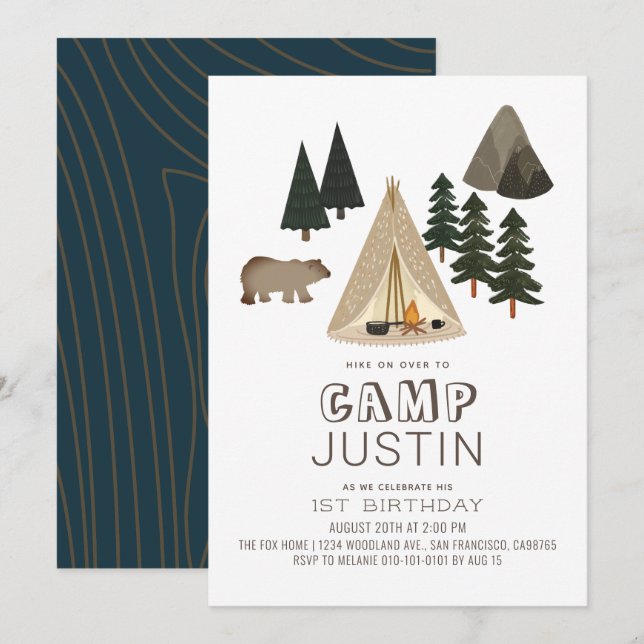 Camping Tent Bear Boy 1st Birthday Invitation (Front/Back)
