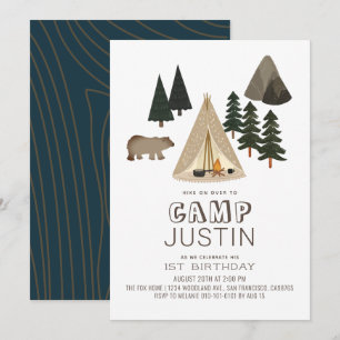 Camping Tent Bear Boy 1st Birthday Invitation