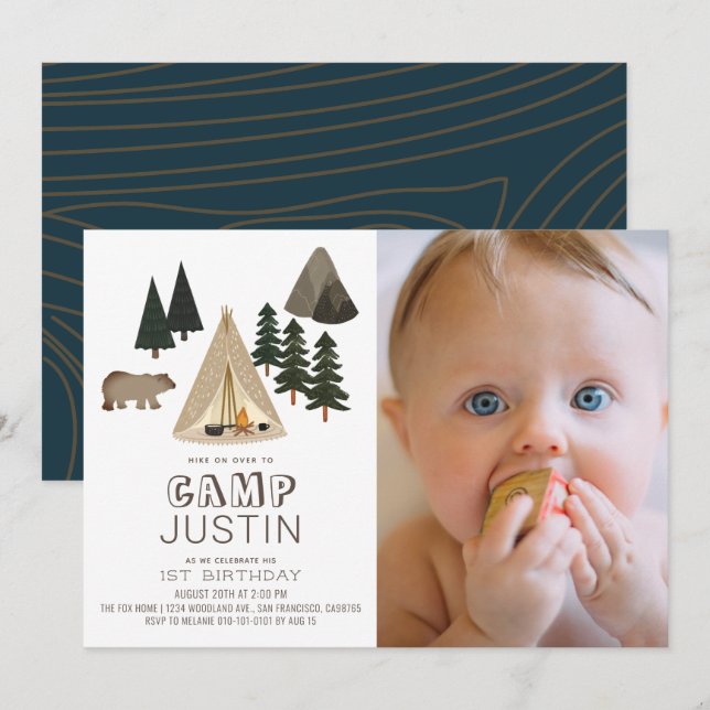 Camping Tent Bear Boy 1st Birthday Photo Invitation (Front/Back)