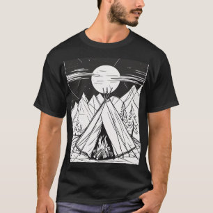 Camping Tent Campfire Line Art Minimalist Outdoor T-Shirt