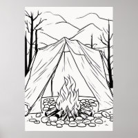 Camping Tent Campfire Line Art T Shirt Outdoor Adv