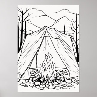 Camping Tent Campfire Line Art T Shirt Outdoor Adv Poster