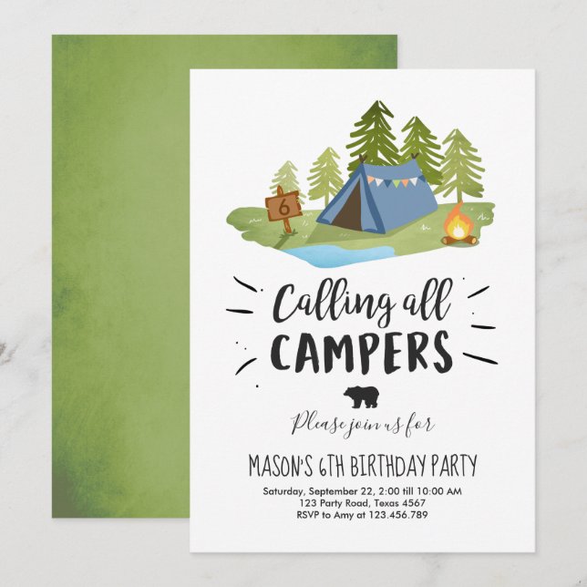 Camping Tent Invitation Birthday Camp out Boy (Front/Back)