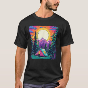 Camping Tent Mountain Pine Tree Forest Sunset Hiki T-Shirt