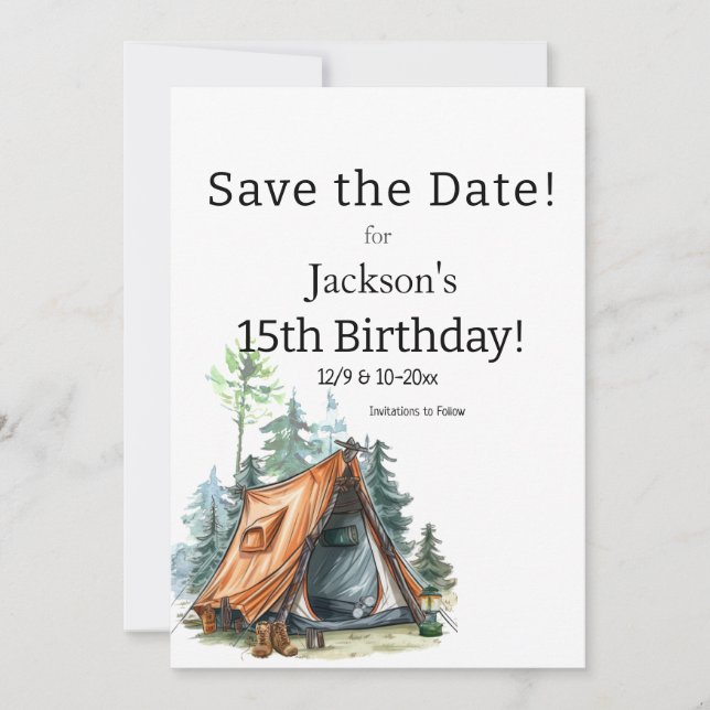 Camping Tent, Scene Birthday Save the Date (Front)