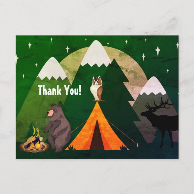 Camping ~ Tent, Wildlife and Mountains Thank You Postcard (Front)