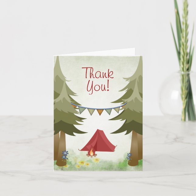 Camping Tent with Campfire and Trees Woodland Thank You Card (Front)