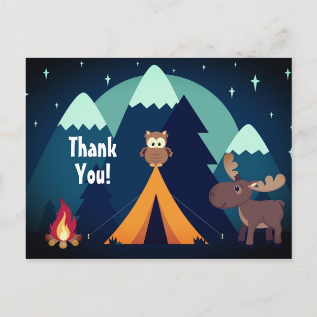 Camping, Tent, Woodland Animals Mountain Thank You Postcard (Front)