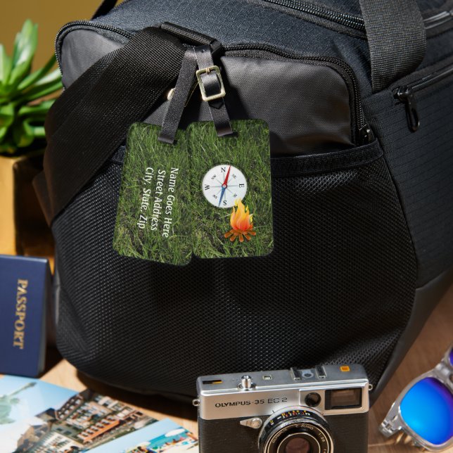 Camping theme Campfire and Compass Personalize Luggage Tag (Front & Back)