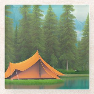 Camping Themed Art   Tent in the Woods on the Lake Glass Coaster