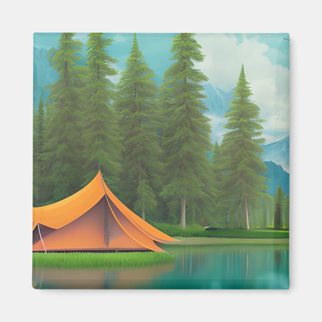 Camping Themed Art | Tent in the Woods on the Lake Magnet (Front)
