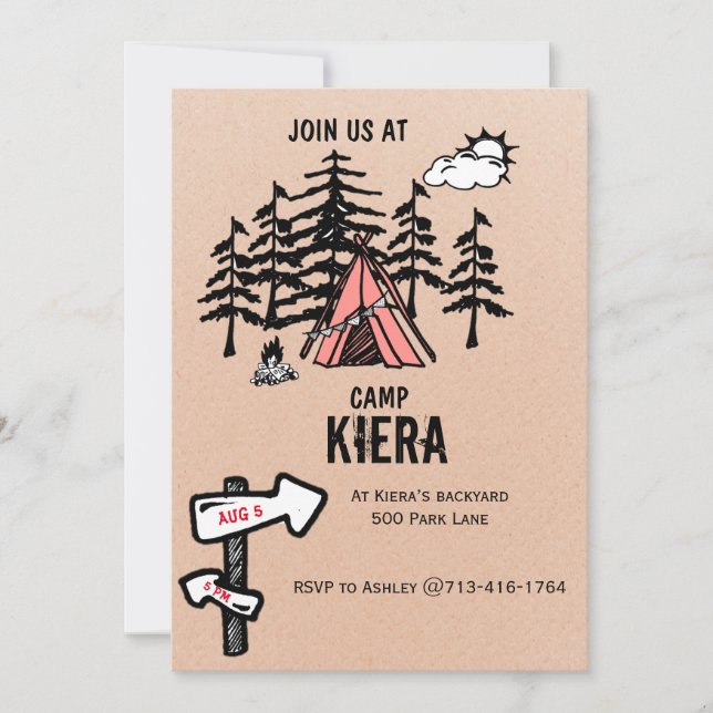Camping themed birthday party invite for girl (Front)