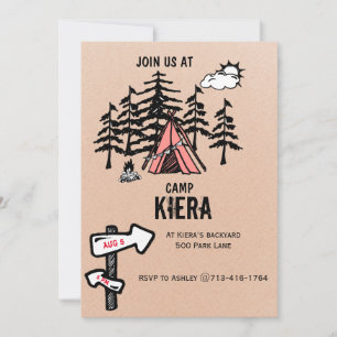Camping themed birthday party invite for girl